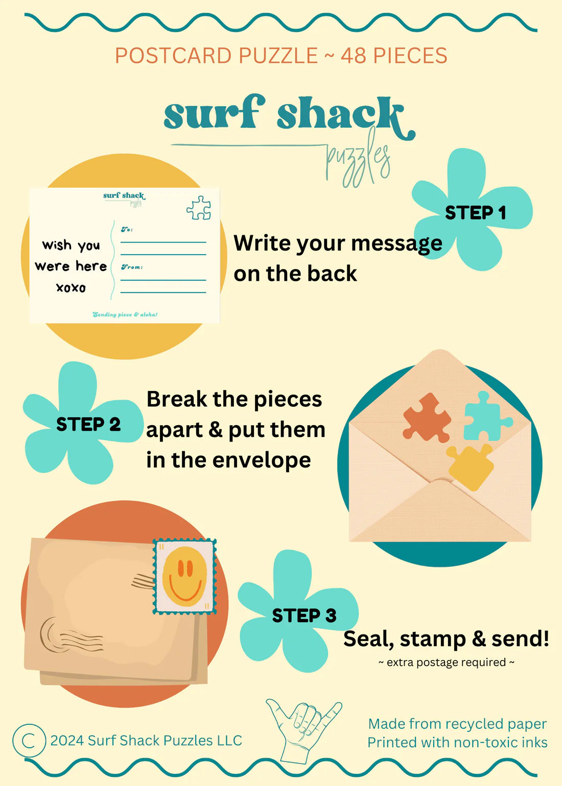 Pop-Up Mākeke - Surf Shack Puzzles - Duke Kahanamoku 48-Piece Postcard Puzzle - Instructions