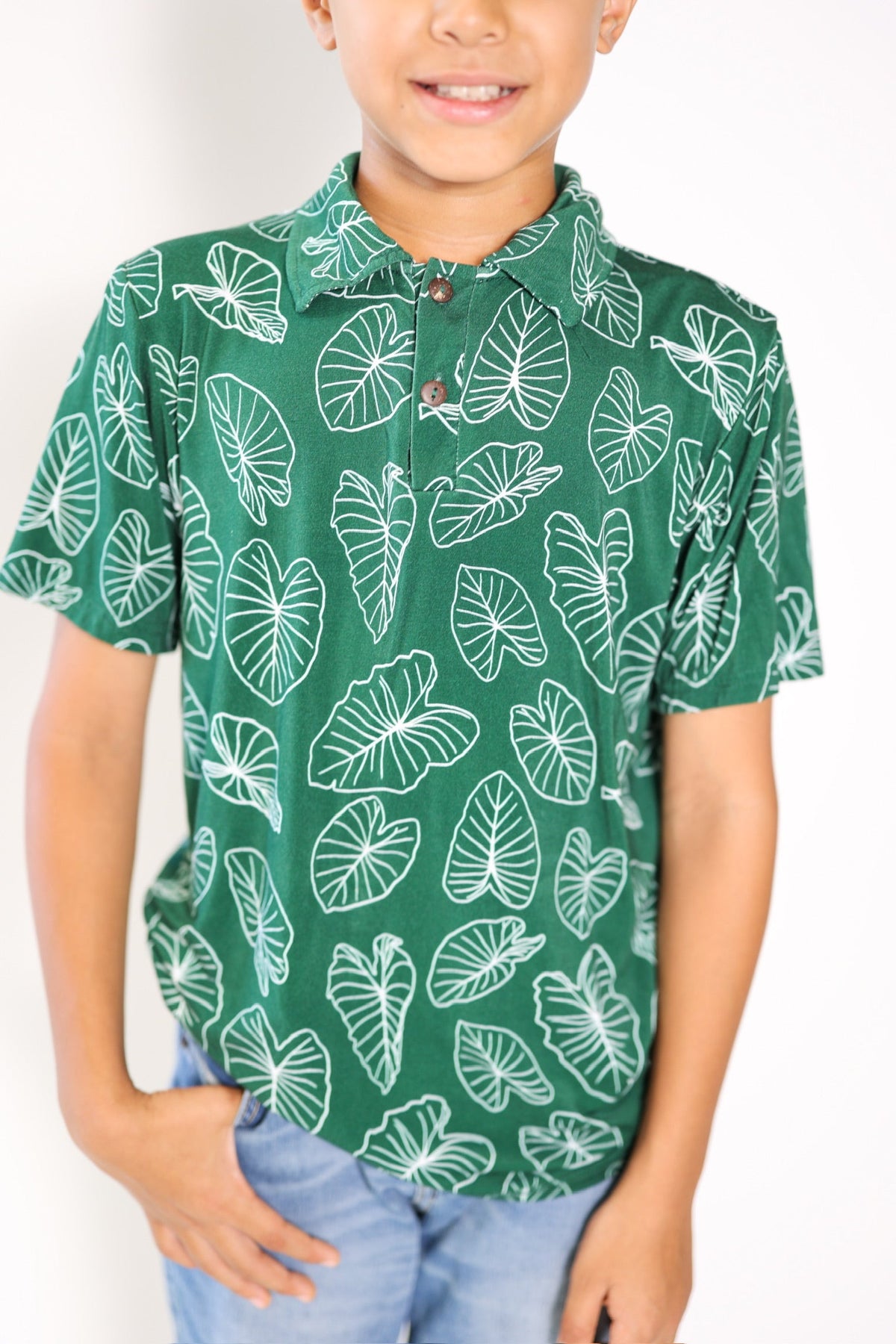 Pop-Up Mākeke - The Keiki Department - Bamboo Kalei Athletic Polo Shirt - Signature Kalo - Front View