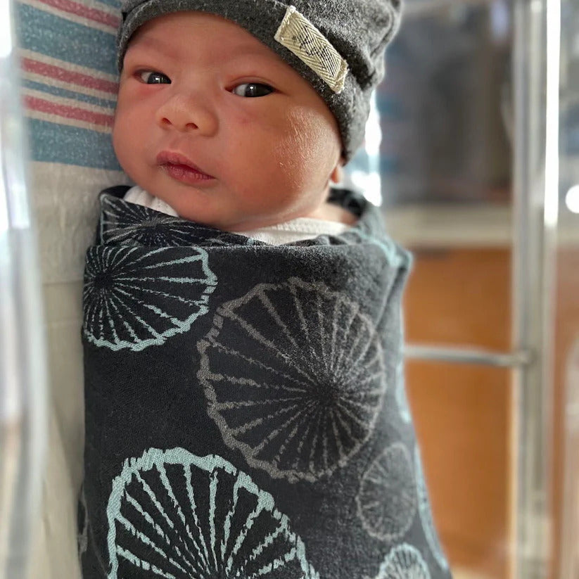 Pop-Up Mākeke - The Keiki Department - Bamboo Muslin Baby Swaddle Blanket - Black Opihi - Front View