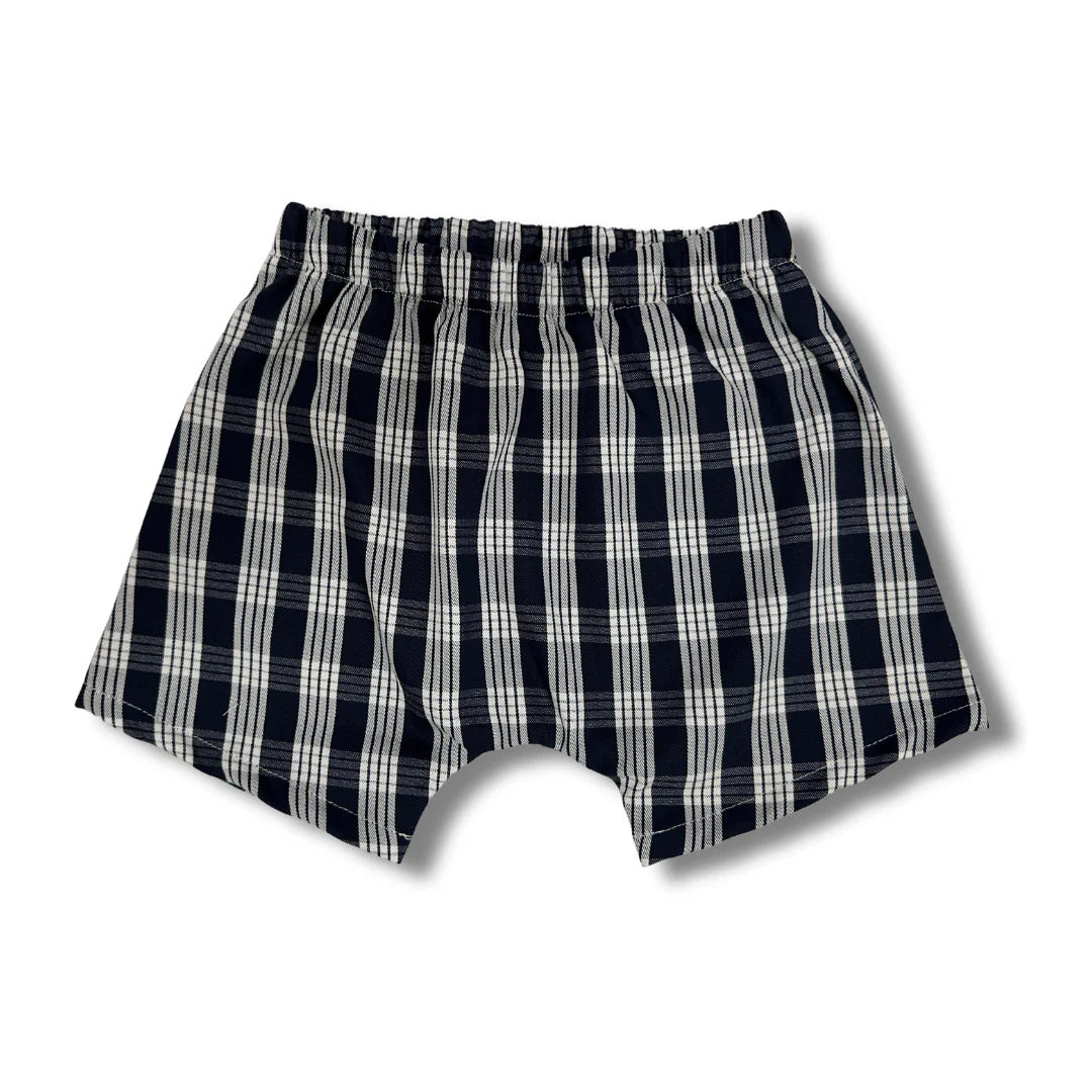 The Keiki Department - Palaka Harem Keiki Shorts - Navy Blue - Front View | Pop-Up Mākeke