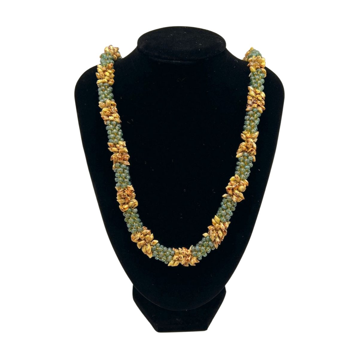 Sea Foam Green and Yellow Picasso Segmented Kumihimo Necklace Lei - 31"