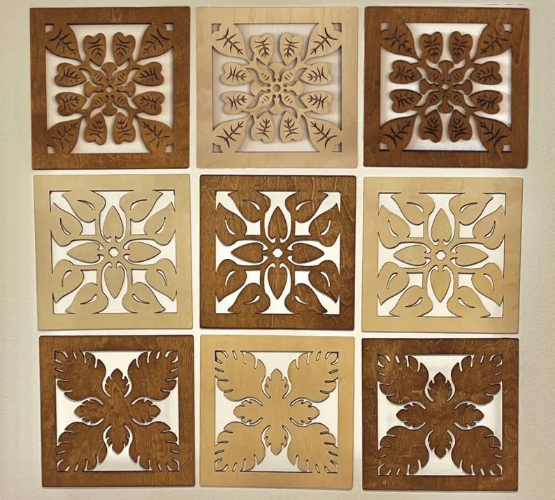 Hawaiian Quilt Laser Cut Wooden Wall Panels (Anthurium, Monstera, Kalo)