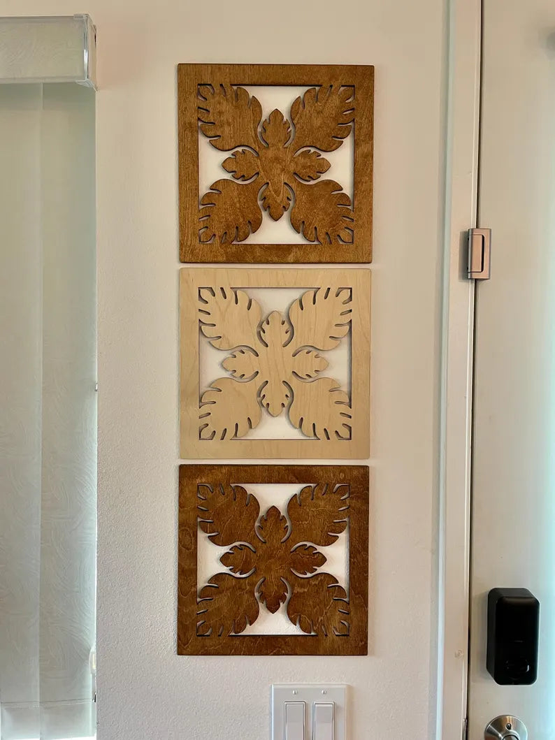 Hawaiian Quilt Laser Cut Wooden Wall Panels (Anthurium, Monstera, Kalo)