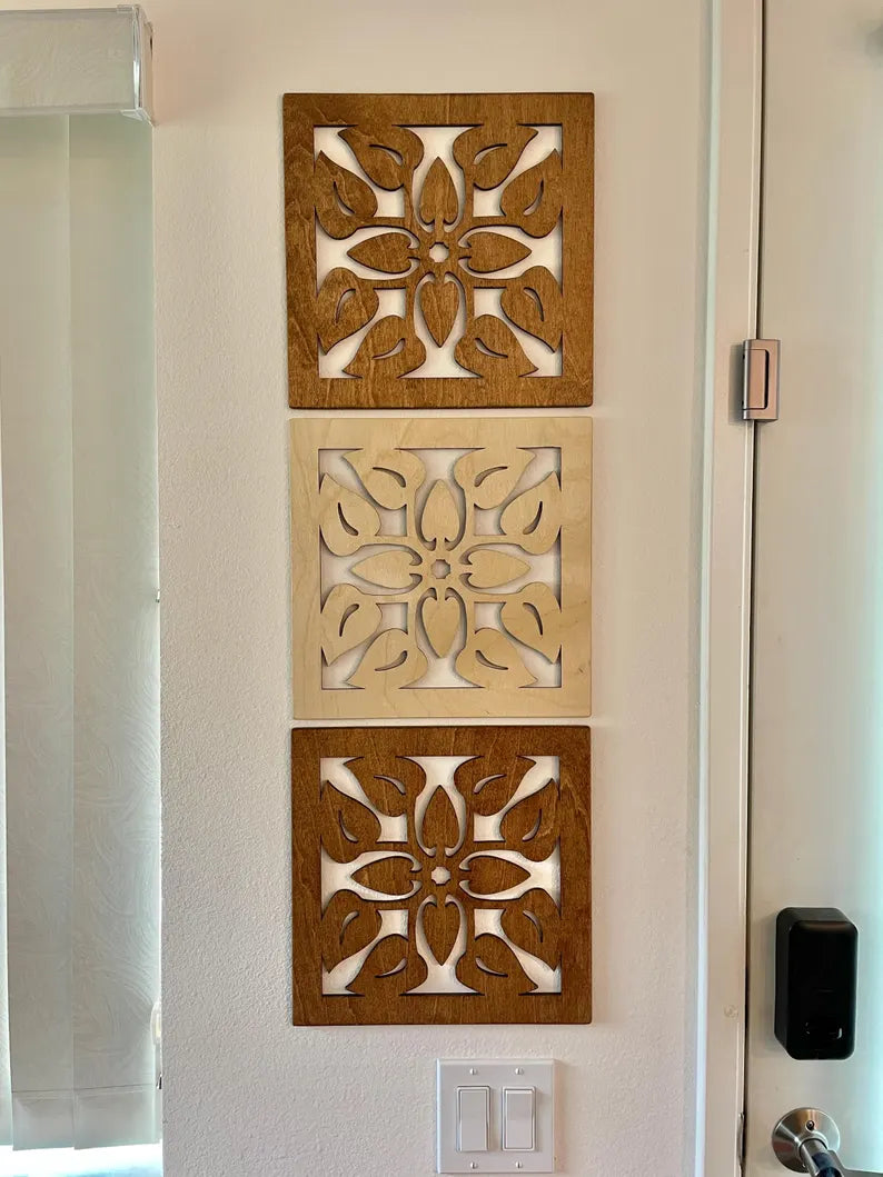 Hawaiian Quilt Laser Cut Wooden Wall Panels (Anthurium, Monstera, Kalo)