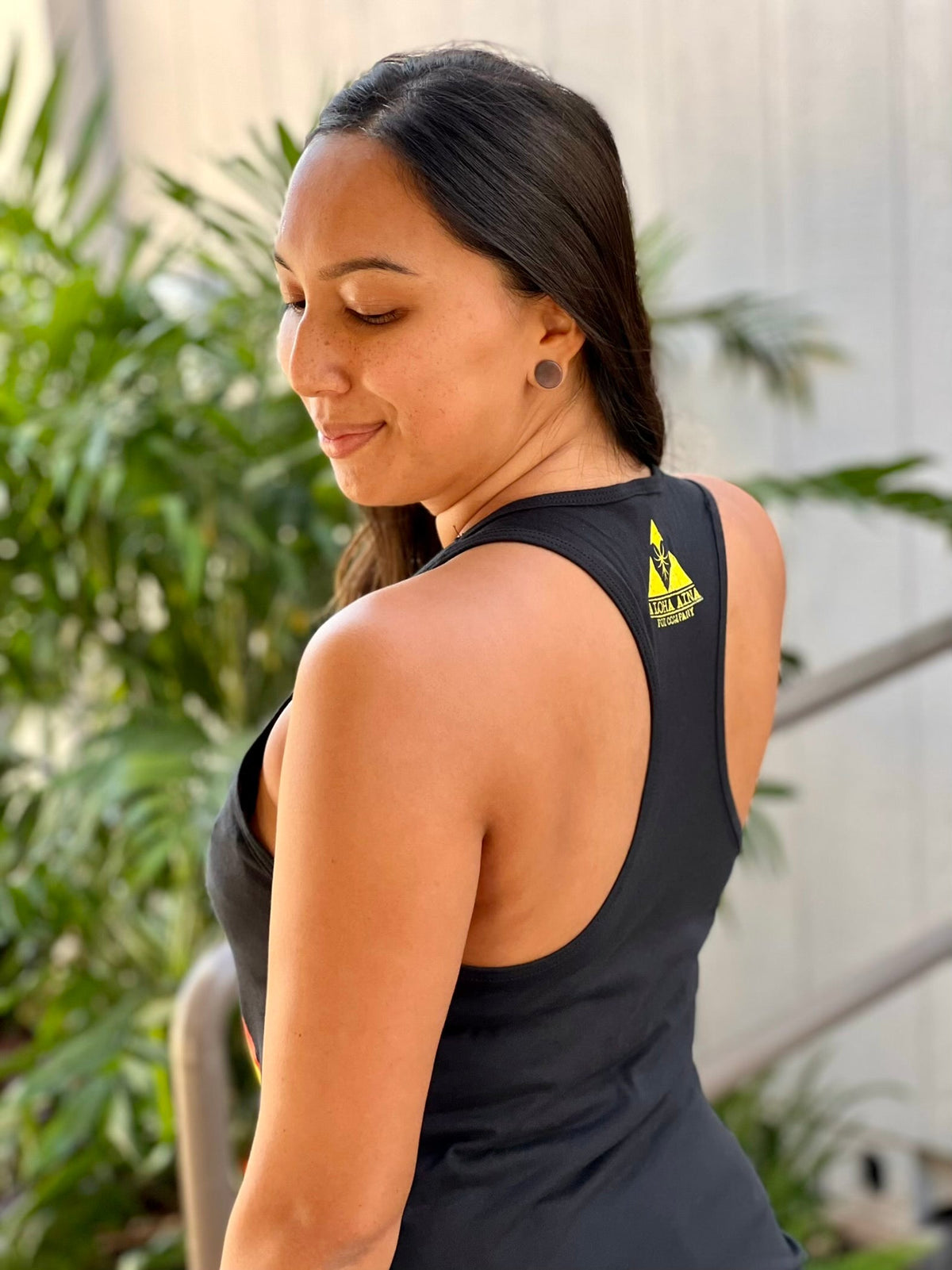 Pop-Up Mākeke - Aloha Aina Poi Co. - Poi Bag Label Women's Racerback Tank Top - Black - Front View