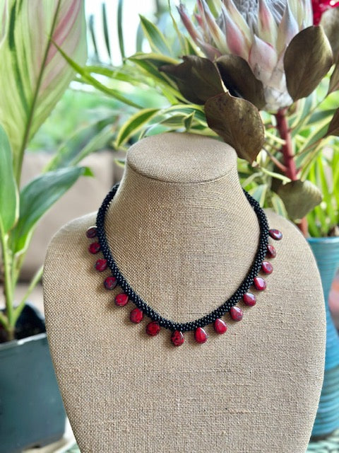 Red & Black Picasso Pear Drop Necklace